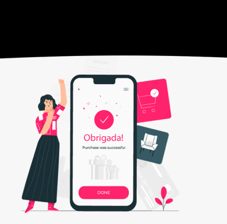 Mulher ao lado de um celular gigante