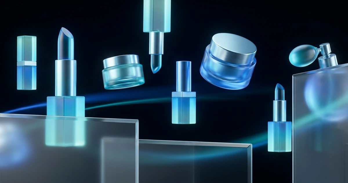 Composição abstrata com formas geométricas representando produtos de beleza e conexões digitais, marketing de influência